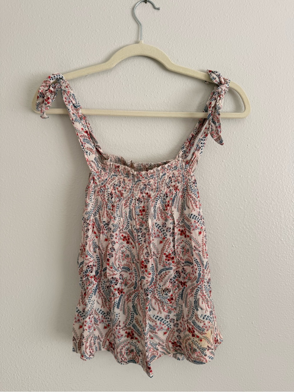 American Eagle Outfitters Cream Floral Tie-Shoulder Smocked Camisole